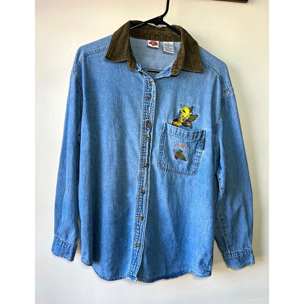 Looney Tunes Tweety Embroidered Blue Denim Button-Up Long Sleeve Shirt Women M